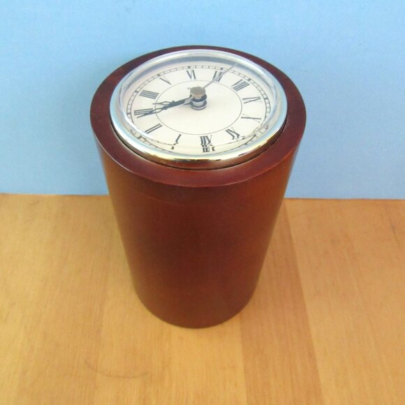 Vintage wood cylinder jewelry box with working clock - 6" tall - unisex - Picture 11 of 14